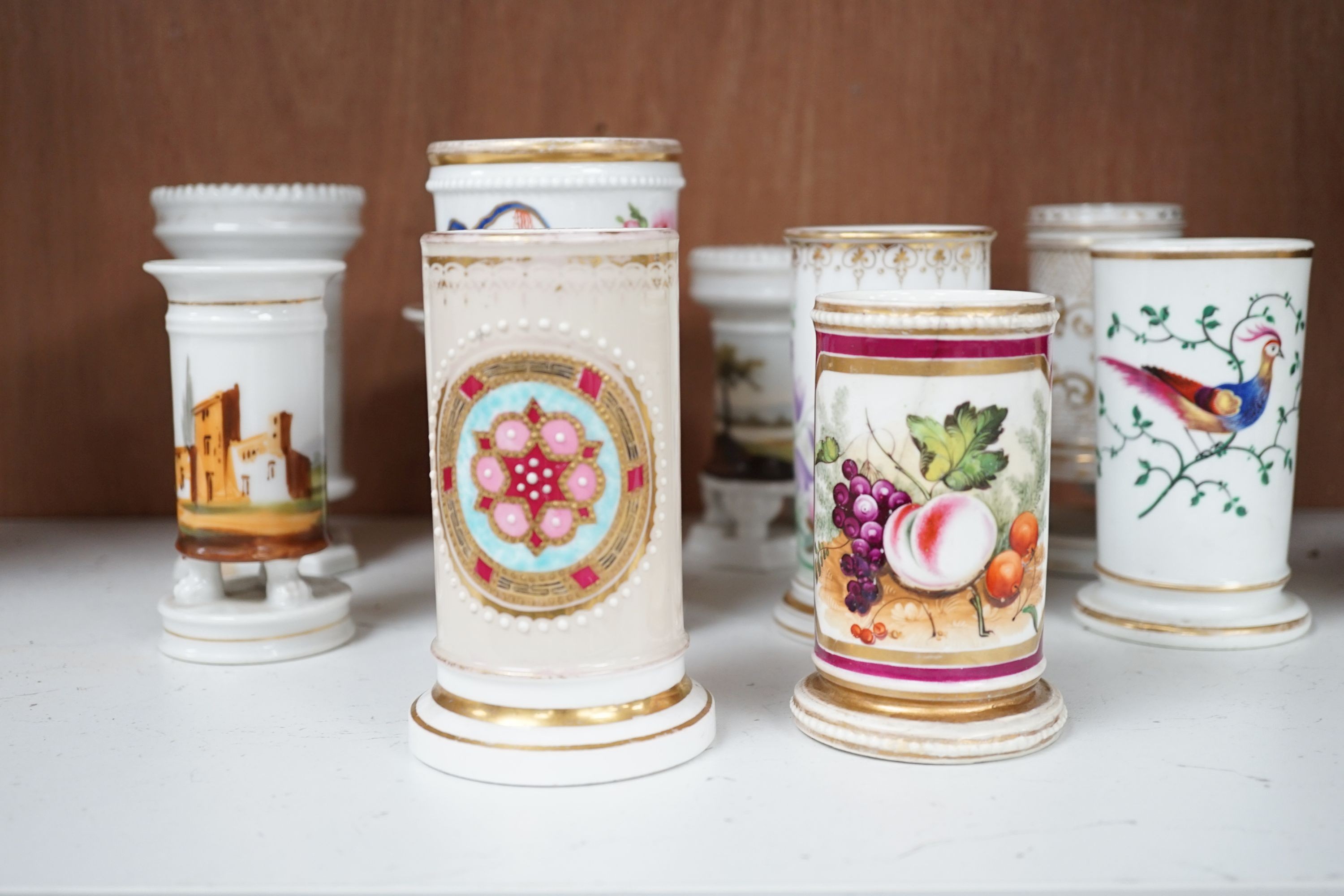 Ten various 19th century porcelain spill vases, tallest 14cm.
